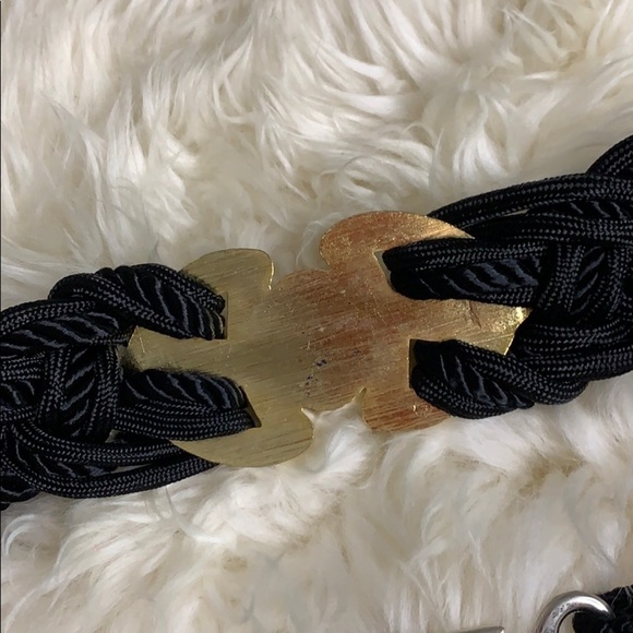 Vintage 80s Black Rope Gold Buckle Faux Pearl waist belt hook loop closure women main image 5